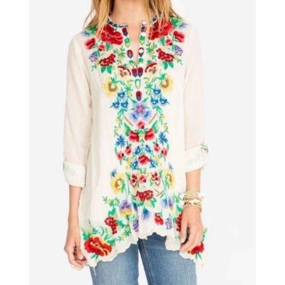 Johnny Was GALA Embroidered Tab Sleeve Tunic Top Beige Women's Size M EUC